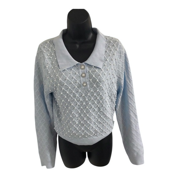 Blue diamond pattern pearl adorned‎ collared sweater top new size XL new - Picture 3 of 17